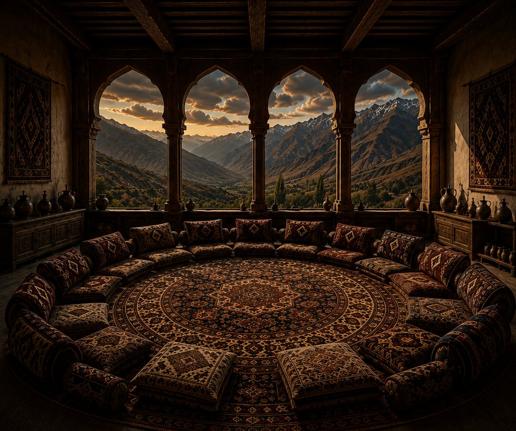 A hujra gathering room: floor cushions arranged in a circle on a patterned rug, with arched windows opening onto mountains at dusk.